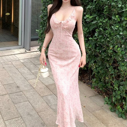 Sheath Floral Print Strap Maxi Ruffle Bow Spaghetti Dress