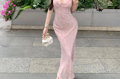 Sheath Floral Print Strap Maxi Ruffle Bow Spaghetti Dress