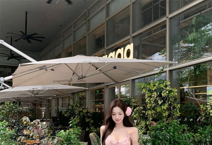 Sheath Floral Print Strap Maxi Ruffle Bow Spaghetti Dress