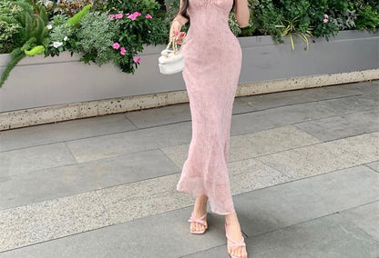 Sheath Floral Print Strap Maxi Ruffle Bow Spaghetti Dress