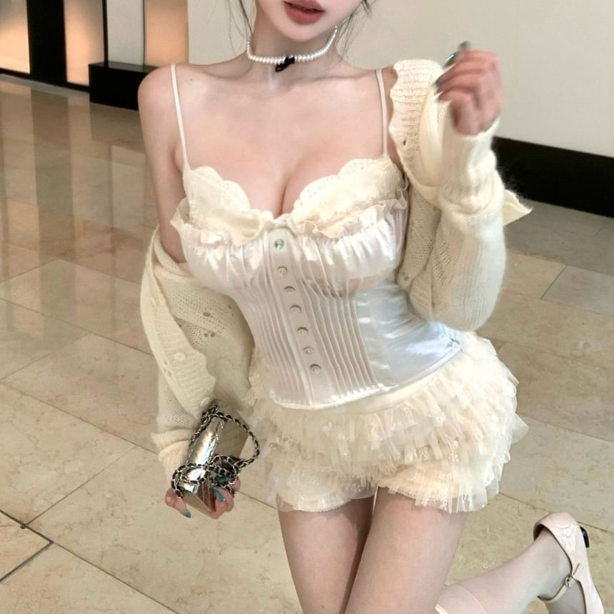 Mesh Top / Satin Plain Camisole Pointelle Shorts Button Tiered Lace Waist Panel High V-Neck Cardigan