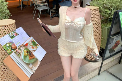 Mesh Top / Satin Plain Camisole Pointelle Shorts Button Tiered Lace Waist Panel High V-Neck Cardigan