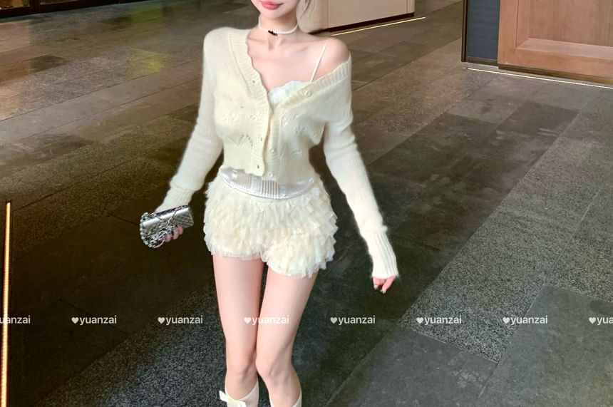 Mesh Top / Satin Plain Camisole Pointelle Shorts Button Tiered Lace Waist Panel High V-Neck Cardigan