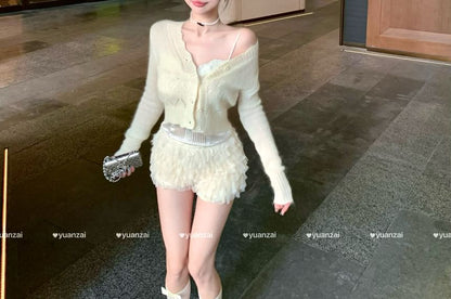 Mesh Top / Satin Plain Camisole Pointelle Shorts Button Tiered Lace Waist Panel High V-Neck Cardigan