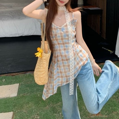 Top Asymmetrical Plaid Camisole