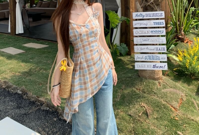 Top Asymmetrical Plaid Camisole