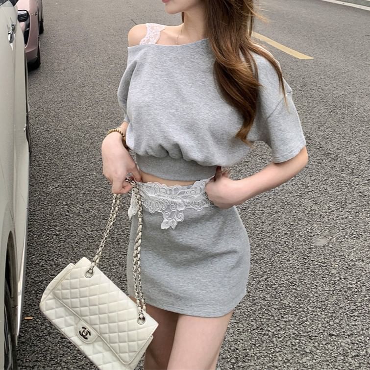 Shoulder Mini High Waist Set: Pencil Top Lace + Crop Skirt Panel Sleeveless Cold