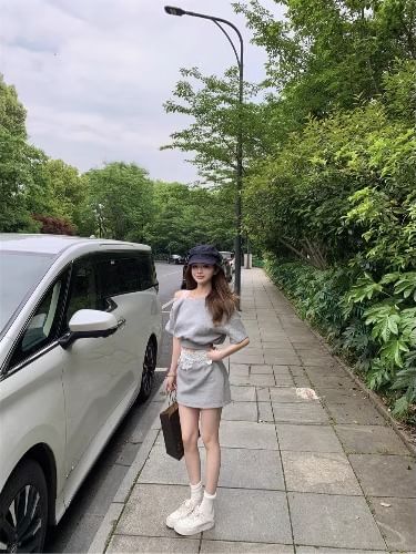 Shoulder Mini High Waist Set: Pencil Top Lace + Crop Skirt Panel Sleeveless Cold