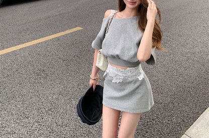 Shoulder Mini High Waist Set: Pencil Top Lace + Crop Skirt Panel Sleeveless Cold