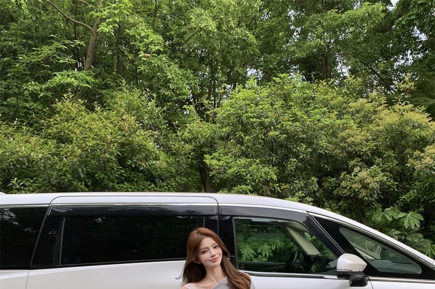 Shoulder Mini High Waist Set: Pencil Top Lace + Crop Skirt Panel Sleeveless Cold