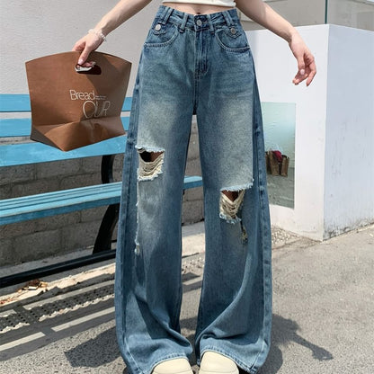 Mid Waist Leg Washed Jeans Ripped Wide