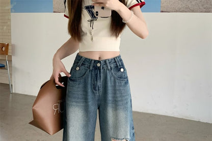 Mid Waist Leg Washed Jeans Ripped Wide