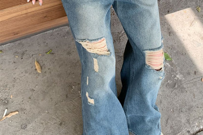 Mid Waist Leg Washed Jeans Ripped Wide