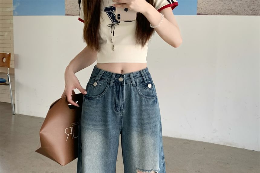 Mid Waist Leg Washed Jeans Ripped Wide