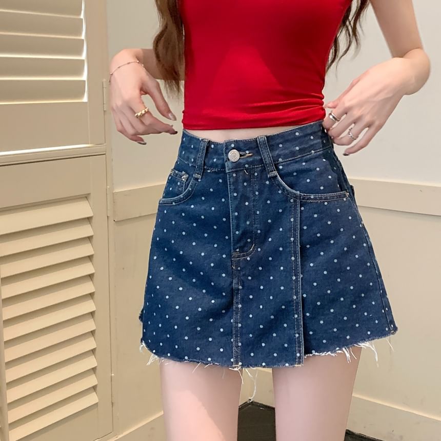 Skirt Denim Dot Rise High A-Line Polka Fray Mini