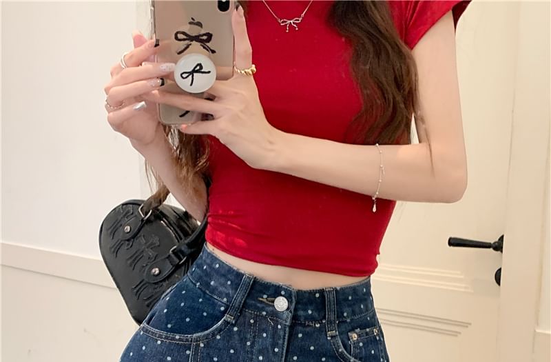 Skirt Denim Dot Rise High A-Line Polka Fray Mini