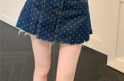 Skirt Denim Dot Rise High A-Line Polka Fray Mini