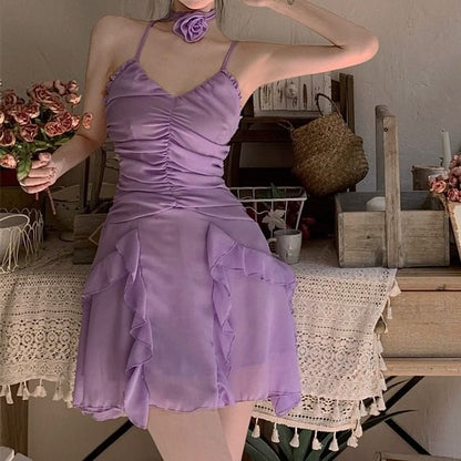 Mini Dress A-Line Strap Plain Ruched Ruffle Spaghetti