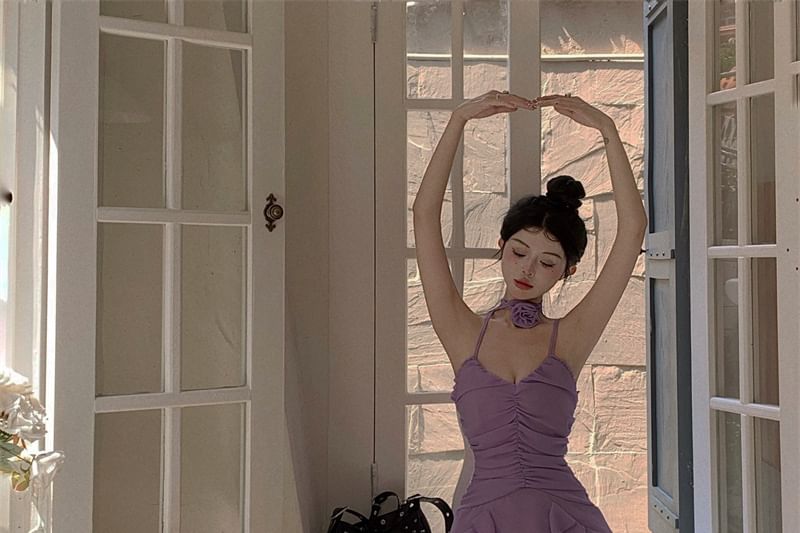 Mini Dress A-Line Strap Plain Ruched Ruffle Spaghetti