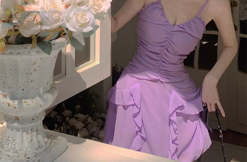 Mini Dress A-Line Strap Plain Ruched Ruffle Spaghetti