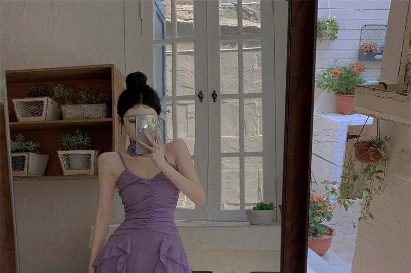 Mini Dress A-Line Strap Plain Ruched Ruffle Spaghetti