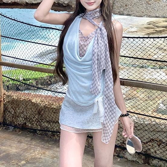 Mock Neck Top Plaid Sleeveless Cowl Two Piece