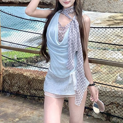 Mock Neck Top Plaid Sleeveless Cowl Two Piece