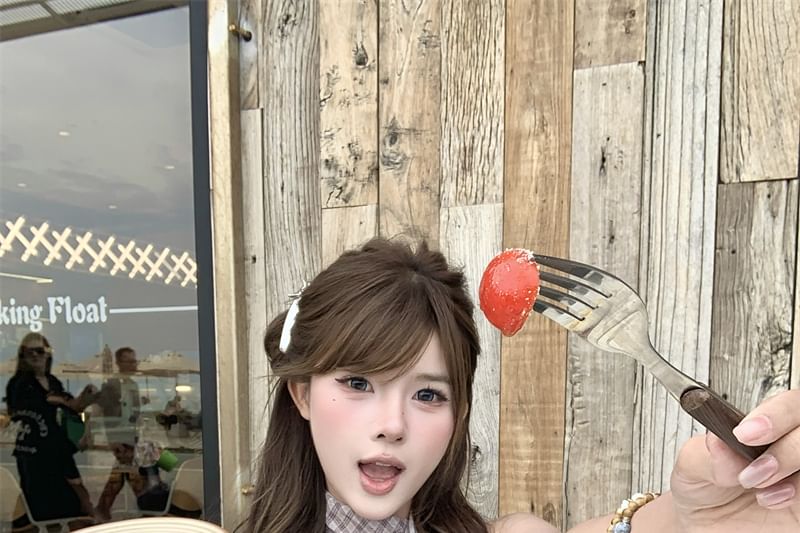 Mock Neck Top Plaid Sleeveless Cowl Two Piece