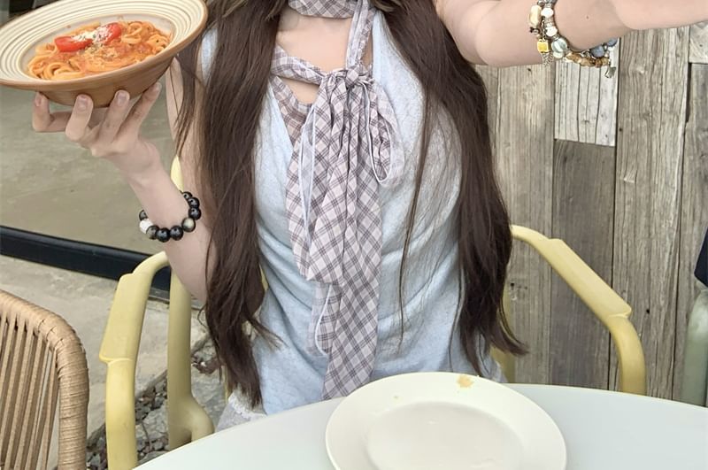 Mock Neck Top Plaid Sleeveless Cowl Two Piece