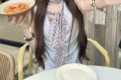 Mock Neck Top Plaid Sleeveless Cowl Two Piece