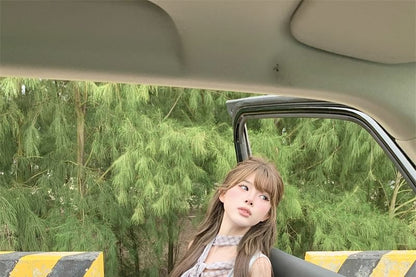 Mock Neck Top Plaid Sleeveless Cowl Two Piece