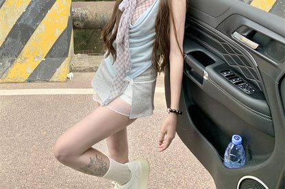 Mock Neck Top Plaid Sleeveless Cowl Two Piece