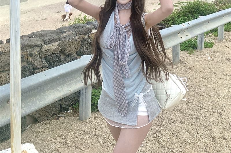 Mock Neck Top Plaid Sleeveless Cowl Two Piece