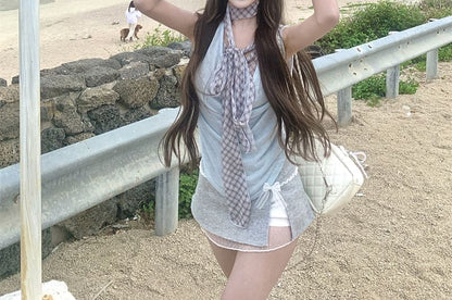 Mock Neck Top Plaid Sleeveless Cowl Two Piece