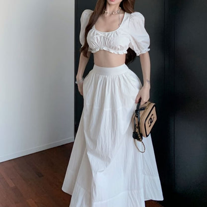 Neck Plain A-Line Bow / Frill Skirt Maxi Sleeveless Crop High Scoop Rise Blouse