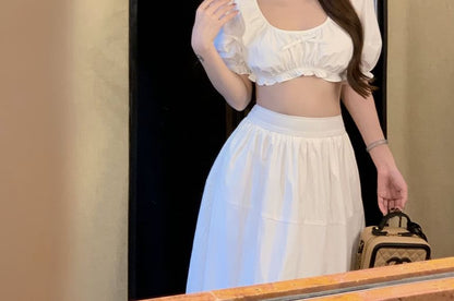 Neck Plain A-Line Bow / Frill Skirt Maxi Sleeveless Crop High Scoop Rise Blouse