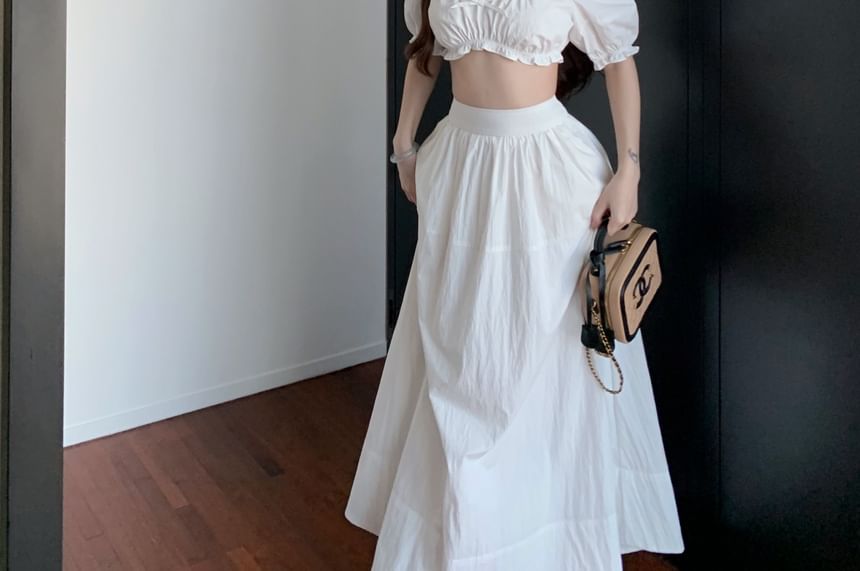 Neck Plain A-Line Bow / Frill Skirt Maxi Sleeveless Crop High Scoop Rise Blouse