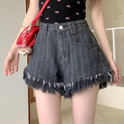 Shorts High Fringe Washed Denim Waist