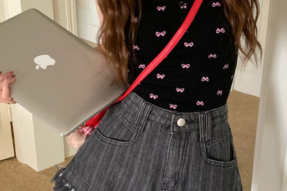 Shorts High Fringe Washed Denim Waist