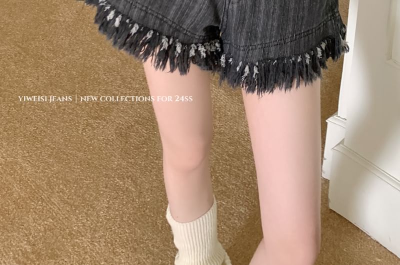 Shorts High Fringe Washed Denim Waist