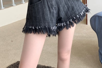 Shorts High Fringe Washed Denim Waist