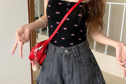 Shorts High Fringe Washed Denim Waist