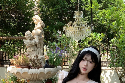 Ruffle Bow Panel Blouse Neck Plain Lace Sleeveless Square