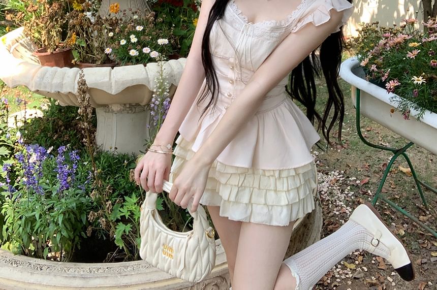 Ruffle Bow Panel Blouse Neck Plain Lace Sleeveless Square