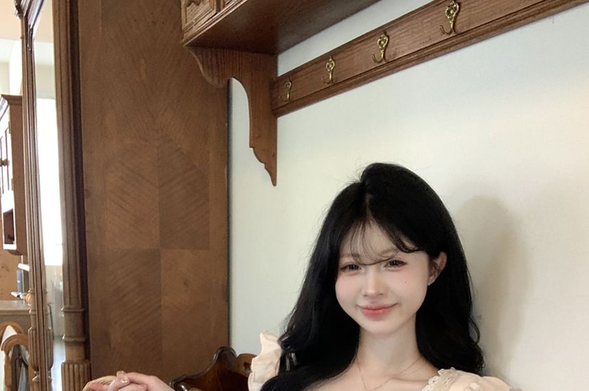 Ruffle Bow Panel Blouse Neck Plain Lace Sleeveless Square