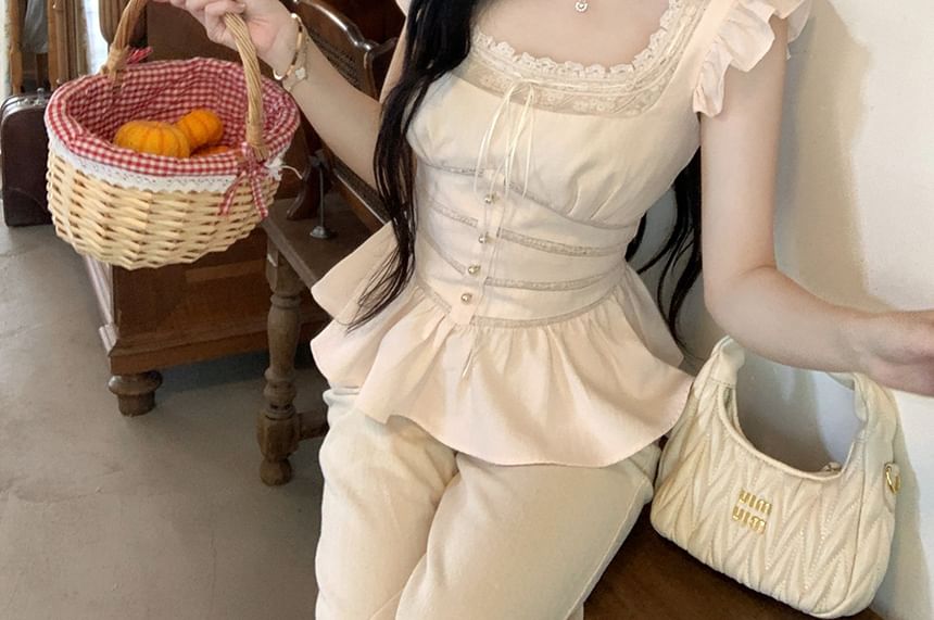 Ruffle Bow Panel Blouse Neck Plain Lace Sleeveless Square