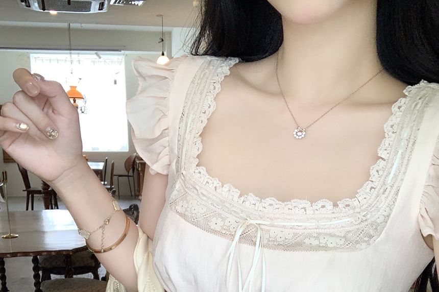 Ruffle Bow Panel Blouse Neck Plain Lace Sleeveless Square