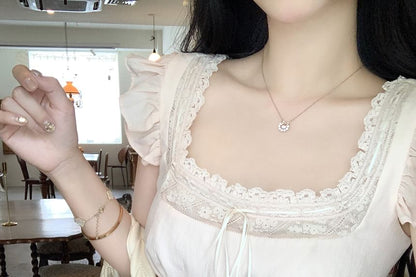 Ruffle Bow Panel Blouse Neck Plain Lace Sleeveless Square