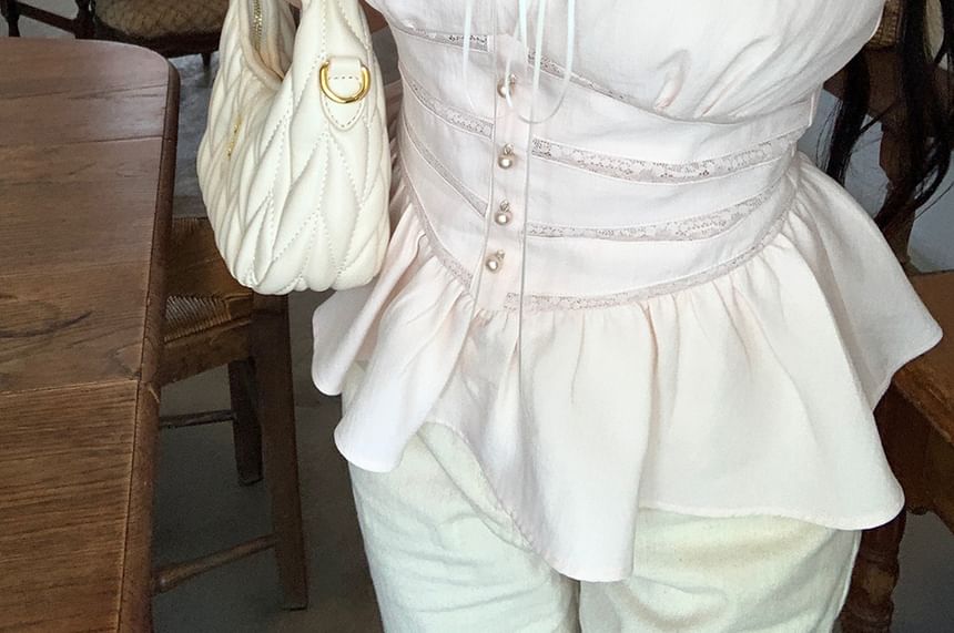 Ruffle Bow Panel Blouse Neck Plain Lace Sleeveless Square