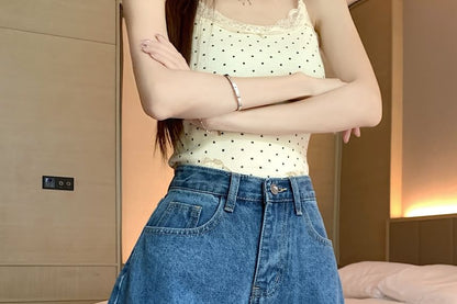 Denim High Dotted Waist Shorts Washed